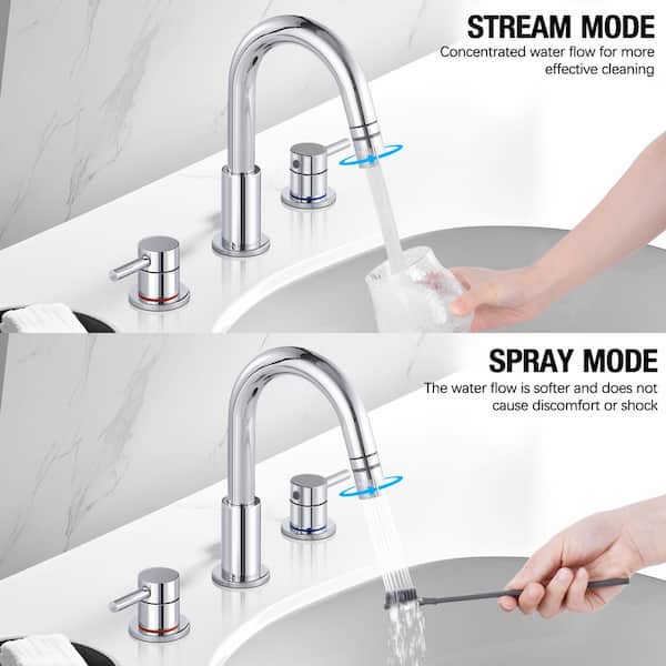 Double Handles 8 in. Widespread Bathroom Sink Faucet 3-Hole with Pull Out Sprayer in Polish Chrome