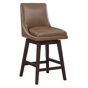 Allingham 39 in. Dark Walnut Wood Frame Swivel Counter Bar Stool with Molasses Faux Leather Seat