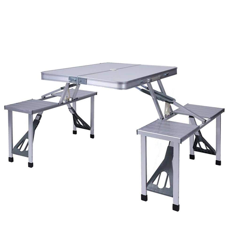 33.5 in. Silver Rectangle Wood Picnic Table Folding Camping Table Chair Set