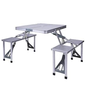 33.5 in. Silver Rectangle Wood Picnic Table Folding Camping Table Chair Set with 4 Seats Chairs and Umbrella Hole