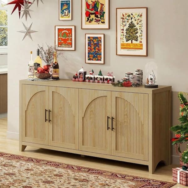 70 in. Modern Coastal Oak TV Stand Entertainment Center Fits TVs Up to 75 in. with 4-Arched Reeded Doors