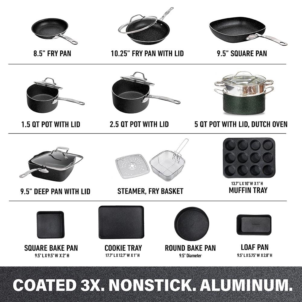 Granitestone 20-Piece Black Nonstick Aluminum Cookware and Bakeware Set