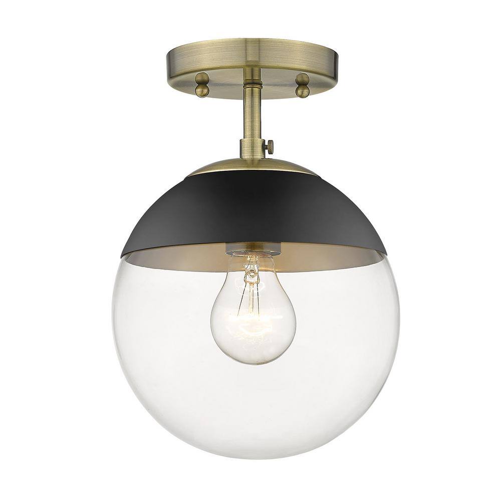 Aged Brass and Black Globe Semi-Flush Mount Light