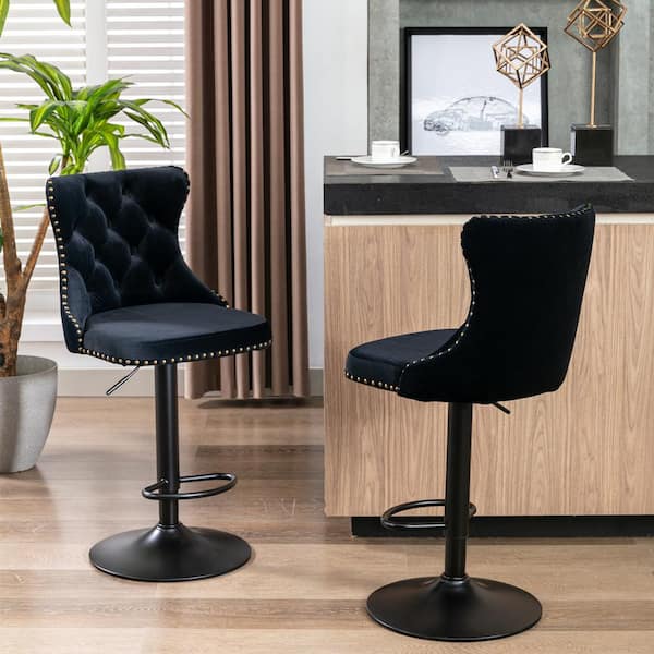 Clihome Modern Black Metal Adjusatble Seat Height from 25-33 in. Swivel Velvet Barstools Set of 2