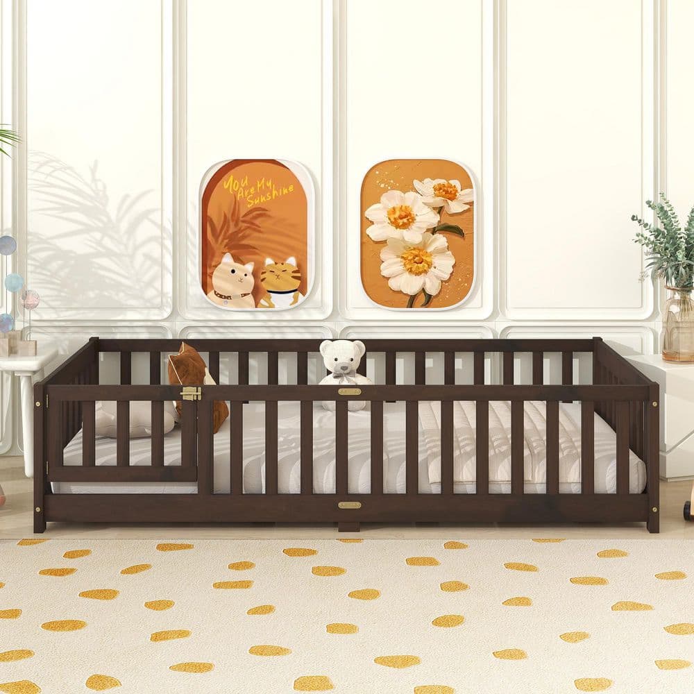 Brown Rubber Wood Frame Twin Platform Bed with Fence,Door and Safety Guardrails price history on PriceWatchPro