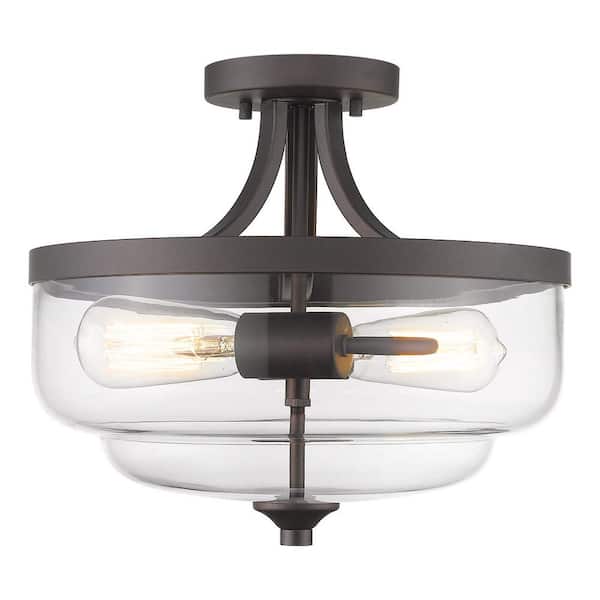 JAZAVA 13 in. 2-Light Oil Rubbed Bronze Finish with Clear Glass Shade Semi Flush Mount ‎Ceiling Light