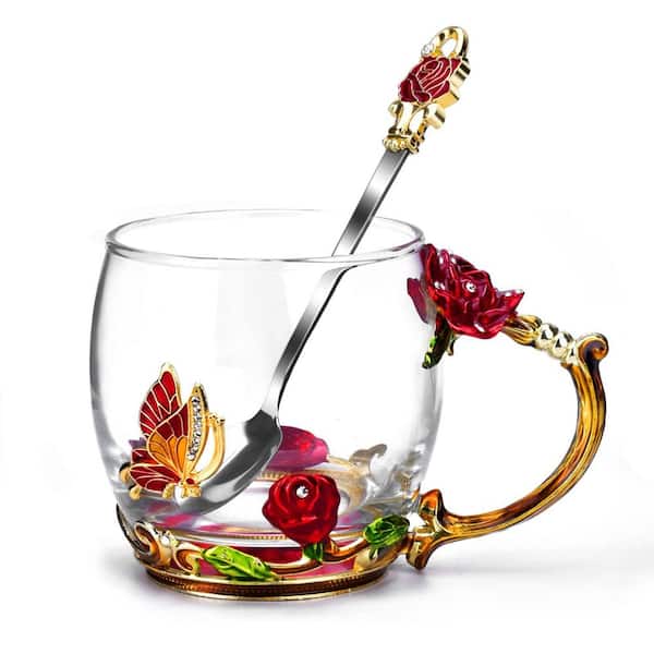 12 oz Red Glass Mug (Set of 1), Suitable for Hot, Cold Drinks, with Matching Spoon, Floral 3D Design Drinkware for Gifts