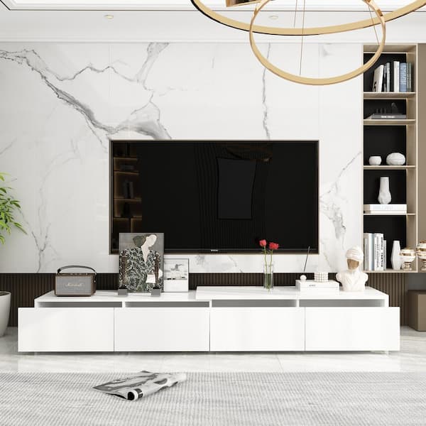 FUFU&GAGA White Wooden TV Console, Entertainment Center Fits TV's up to 90 in. with 4 Drawers and Low-Keyed Slight Design Sense