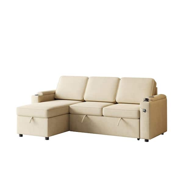 Modern 85.8 in. Beige Fabric Twin Size Sofa Bed with Storage and Charging Station