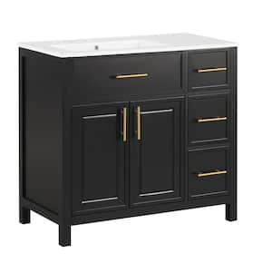 36 in. W x 18.3 in. D x 33.9 in. H Freestanding Bath Vanity in Black w/White Ceramic Top Sink 2 Doors and 3-Drawers