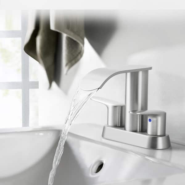 4 in. Centerset Double Handle Waterfall Bathroom Faucet with Drain Kit and Supply Lines Included in Brushed Nickel