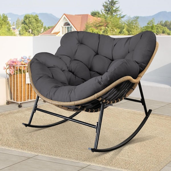 FINCATI Oversized Beige PE Wicker Outdoor Rocking Chair Papasan Chair with Gray Cushion