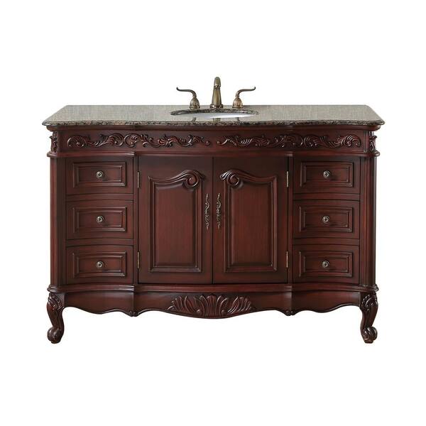 stufurhome Princeton 56 in. Vanity in Dark Cherry with Granite Vanity Top in Baltic Brown with White Under-Mount Sink