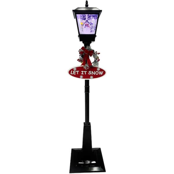 Fraser Hill Farm Let It Snow Series 71 in. Musical Street Lamp in Black with Snowman Scene, 2 Signs, Cascading Snow and Christmas Carols