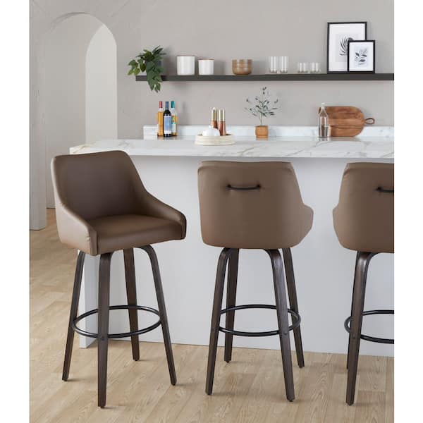 Lumisource Hannah 30 in. Walnut Glazed Wood and Brown Faux Leather with Round Black Metal Fixed-Height Barstool (Set of 2)