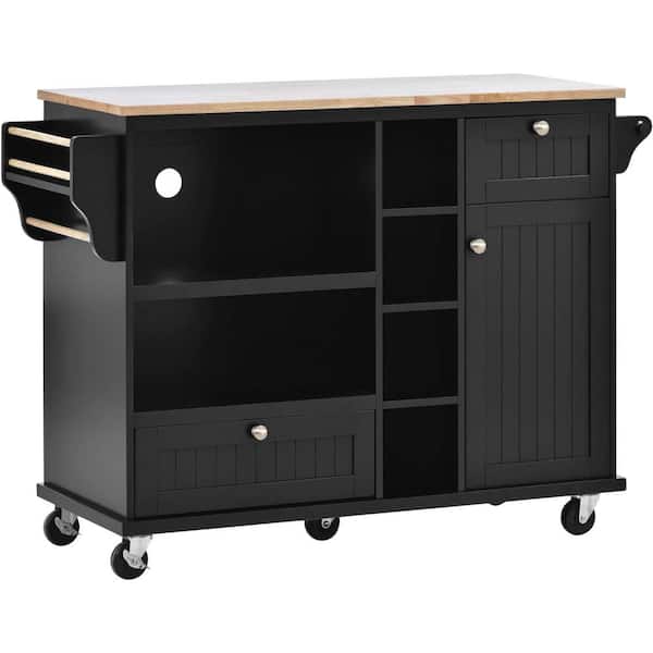 Unbranded Black Wood 51 in. Kitchen Island Cart with Storage Cabinet and 2 Locking Wheels for Kitchen Room, Dining Room