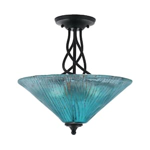 Royale 16 in. Matte Black Semi-Flush with Teal Crystal Glass Shade