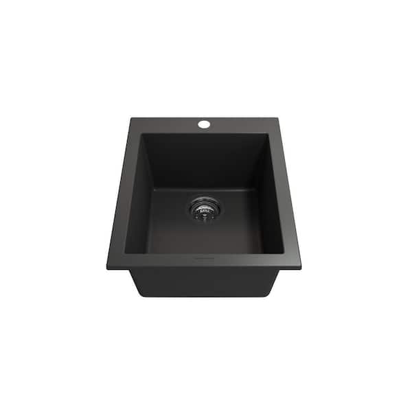 BOCCHI Campino Uno Matte Black Granite Composite 16 in. Single Bowl Drop-In/Undermount Bar Sink with Strainer
