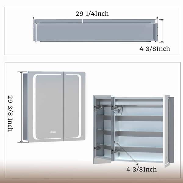 Vogue 30 in. W x 32 in. H, Rectangular Silver Aluminum Recessed/Surface Mount Dimmable Medicine Cabinet with Mirror LED