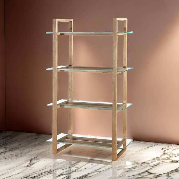Benjara Uvi 16 in. Tall Bisque Brown Wood and Glass 4-Shelf Standard Bookcase