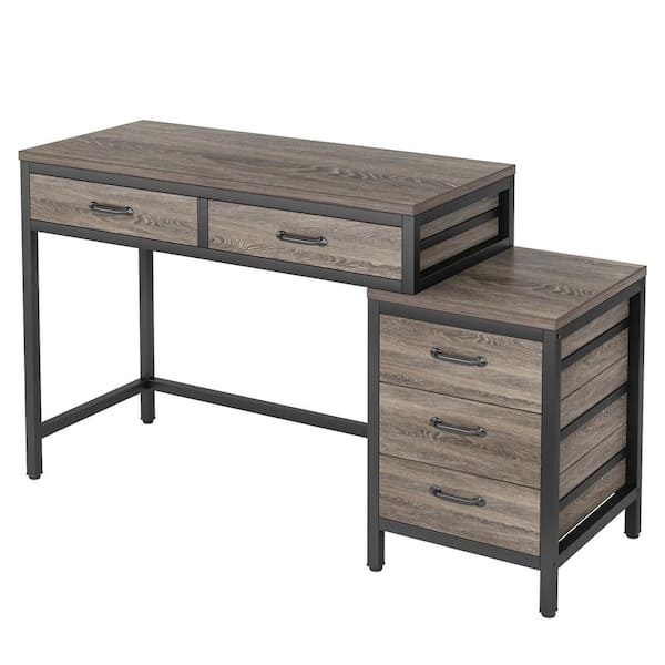 TRIBESIGNS WAY TO ORIGIN Cassey 51 in. Rectangular Industrial Gray Wood 5-Drawer Computer Desk, Reversible Study Writing Desk for Home Office