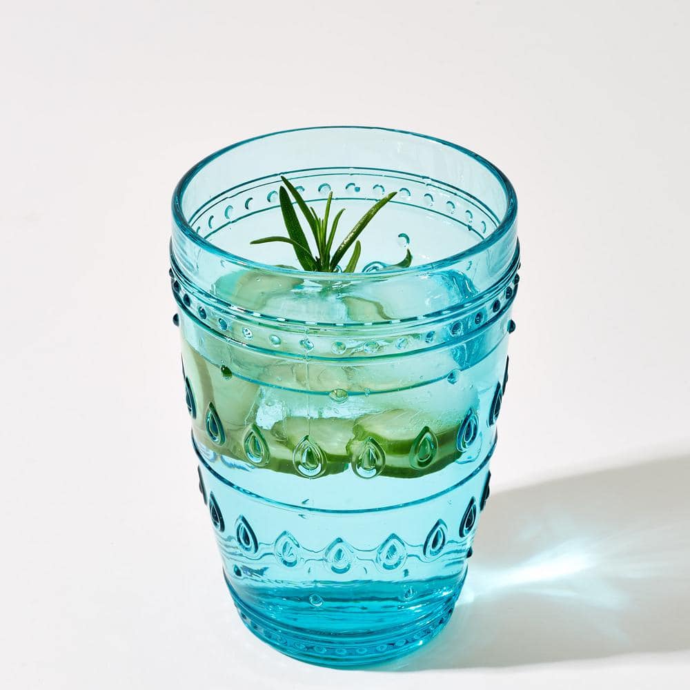 Turquoise Glass Highball Set with Intricate Design, 14oz, Set of 4