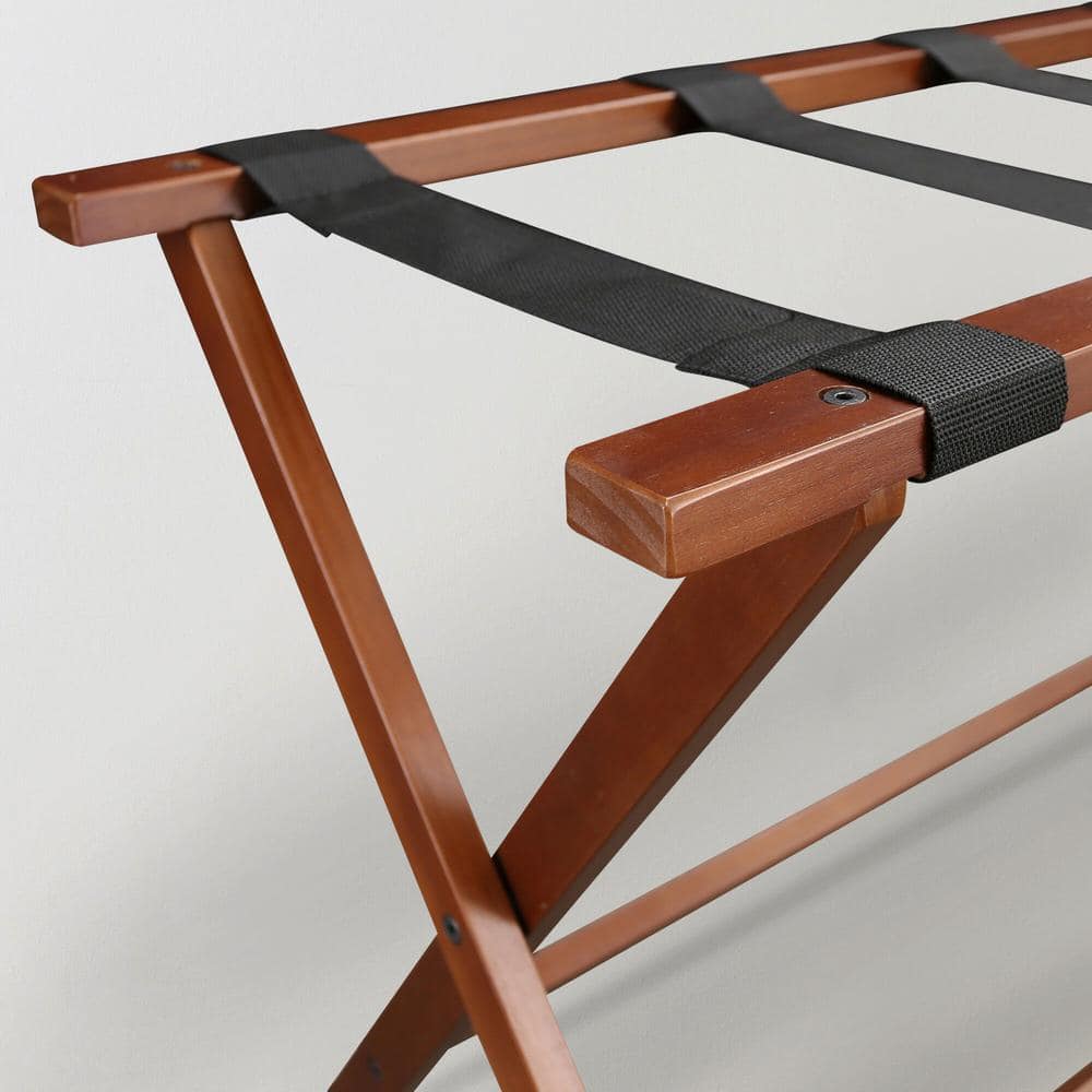 Walnut Extra Wide Folding Luggage Rack with Black Straps