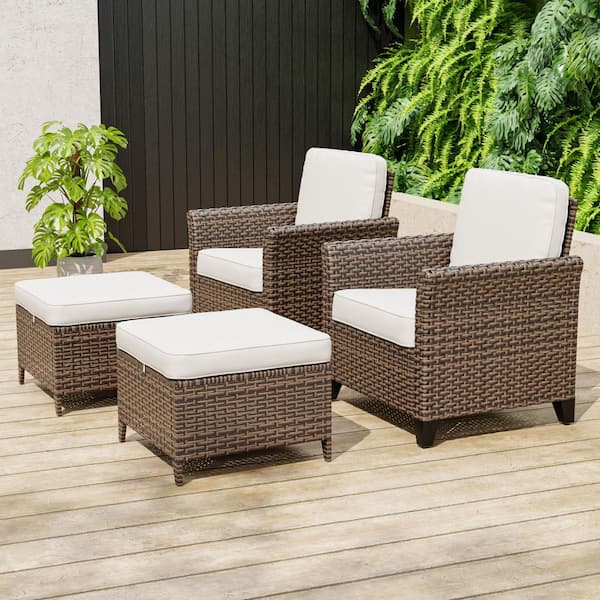 COOS BAY Brown Rattan Wicker 4-piece Outdoor Patio Conversation Set with Cushions, Patio Chairs with Ottomans
