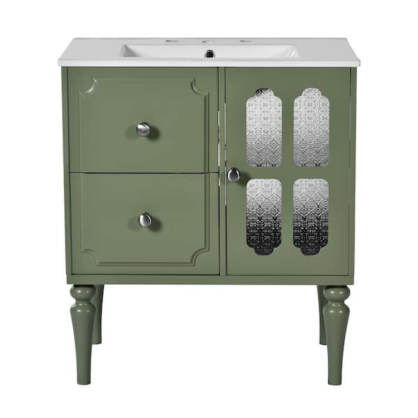 30 in. W x 18 in. D x 34 in. H Single Sink Freestanding Bath Vanity in Green with White Resin Top