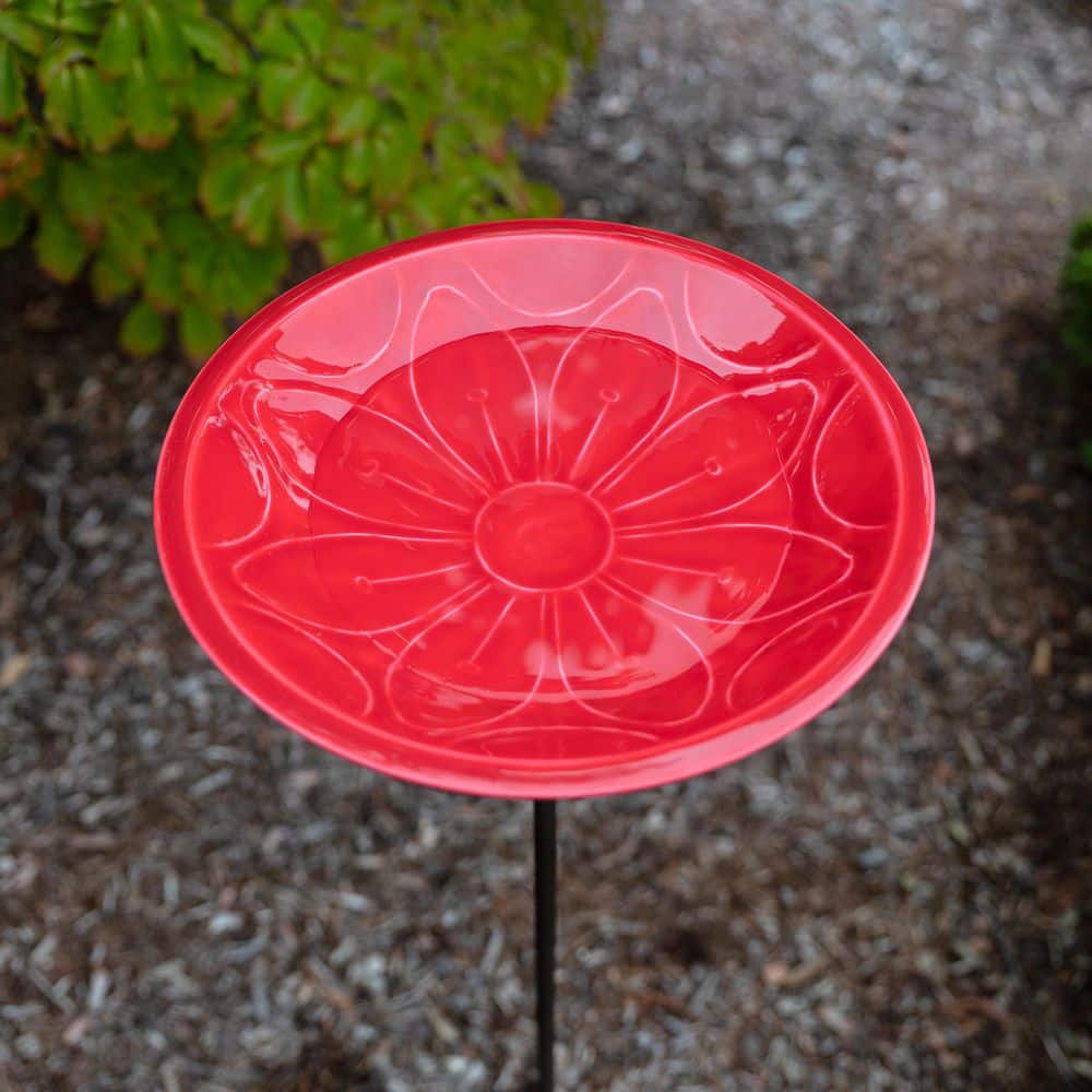 Petunia Red Glass Enamel Birdbath with Solid Brass Stake