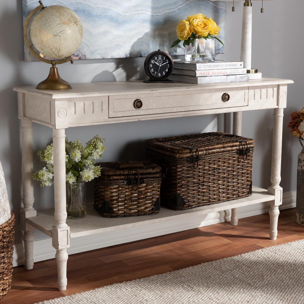 Ariella Country Cottage Whitewashed Console Table with Drawer