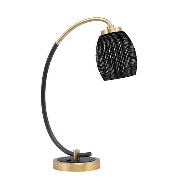 Unbranded Delgado 18.25 in. Matte Black and New Age Brass Accent Desk Lamp with Black Matrix Glass Shade