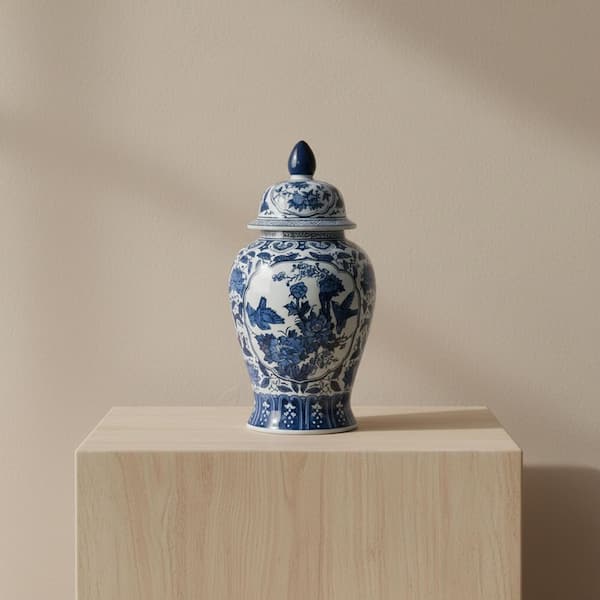 18.25 in. Blue Ceramic Chinoiserie Floral Decorative Jar