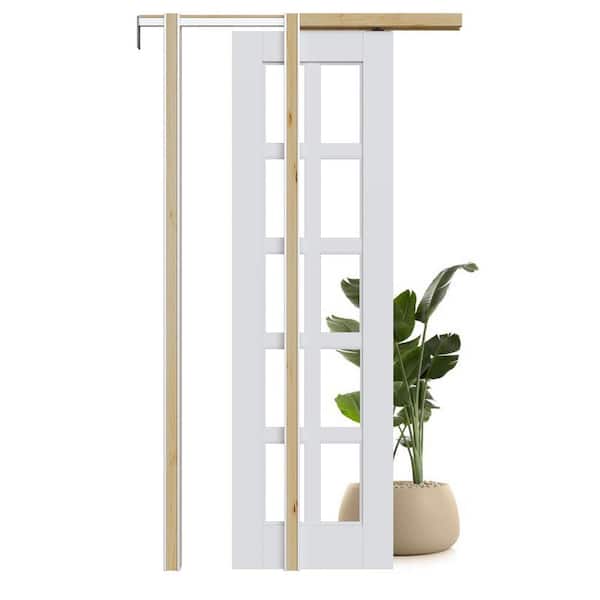 ARK DESIGN 24 in. x 80 in. 10 Lite Clear Glass White Primed MDF Pocket Sliding Door with Pocket Door Frame and Hardware Kit