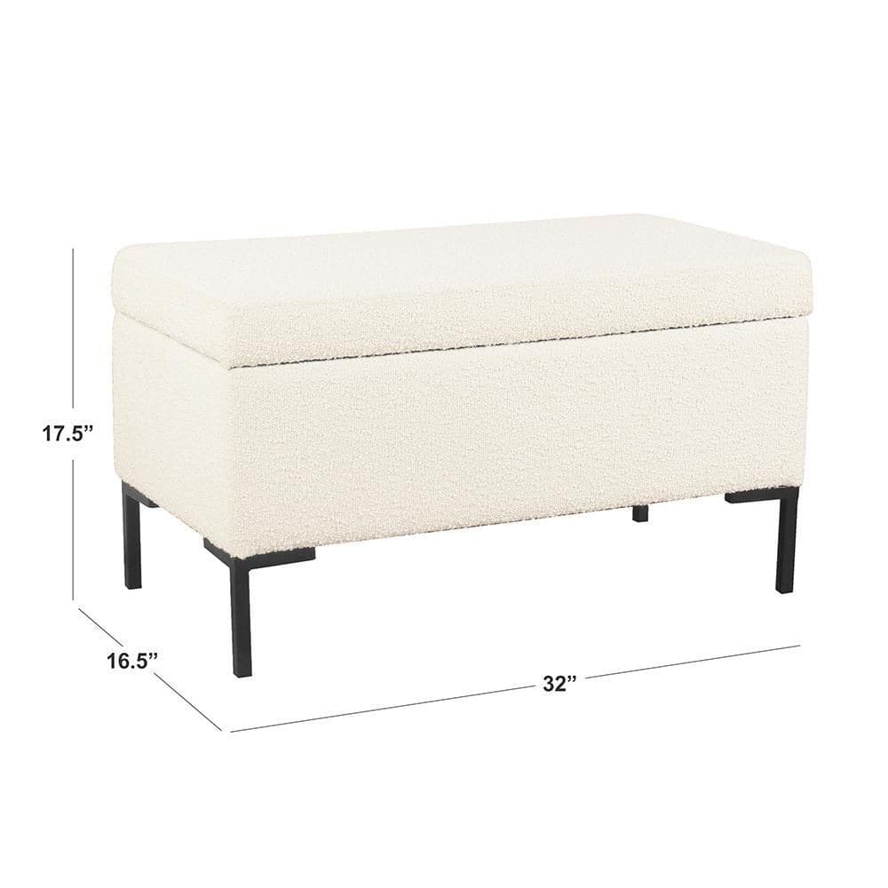 Cream Boucle Medium Storage Bench with Black Metal Legs