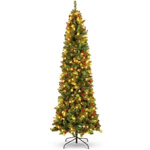 12 ft. Pre-Lit Pencil Artificial Christmas Tree with 700 Warm White Lights and Pine Cones, Berries