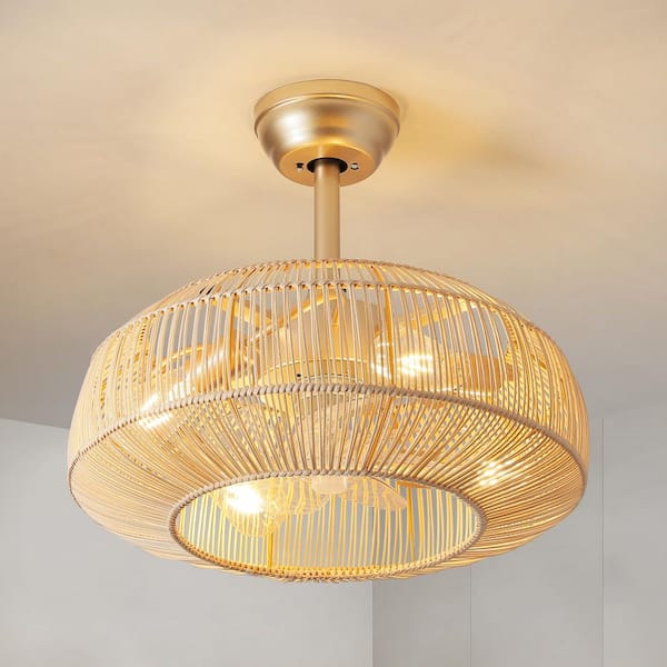 20 in. Indoor Rattan Chandelier Gold Boho Caged LED Ceiling Fan with Light and Remote Control 6-Speed Reversible Motor