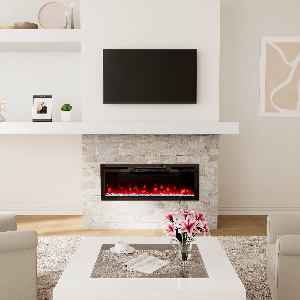 36" Black Glass Wall-Mount Electric Fireplace with Remote Control