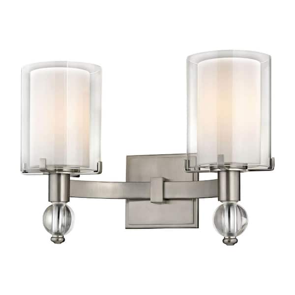 Fifth and Main Lighting Sofia 2-Light Satin Nickel Sconce with Clear Outer Glass and Opal Inner Glass