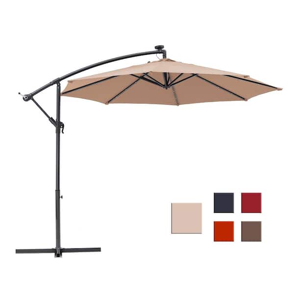 CASAINC 10 ft. Solar Light Hanging Patio Cantilever Umbrella with Cross Base in Beige