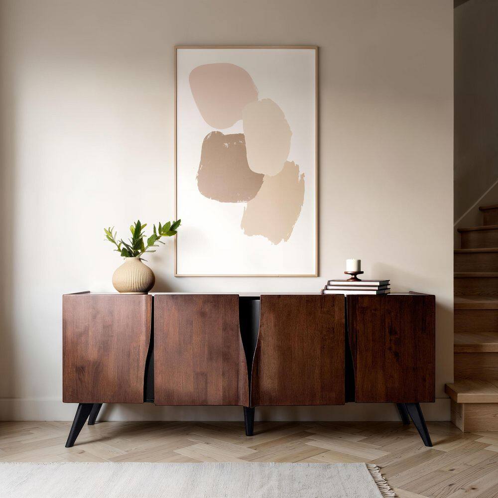 Sheila Rich Walnut 78.7" Sculpted Wood Buffet Server with 4 Cabinet Doors
