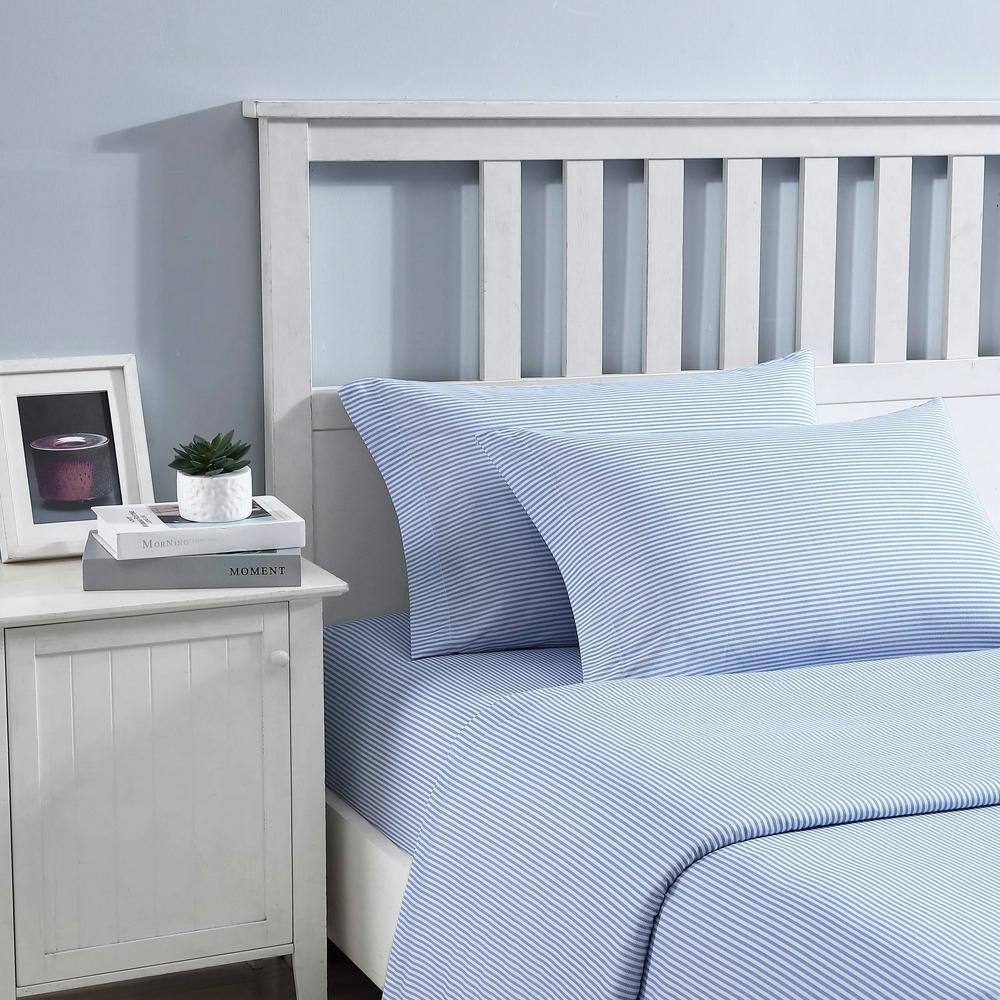 Twin Blue Cotton Percale Stripe Sheet Set