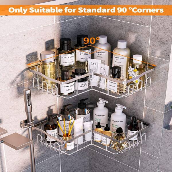 Dracelo 2-Pack Silver Adhesive Stainless Steel Corner Shower Caddy Storage Shelf with 4 Hooks