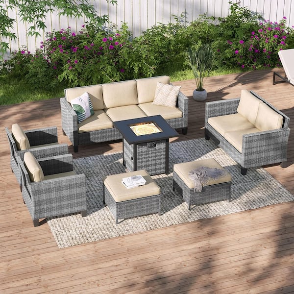 7-Pieces Patio Conversation Set with Square Fire Pit Table and Loveseat Sofa, Gray Wicker with Beige Cushions