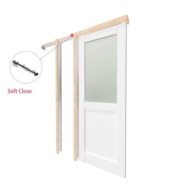 24 in. x 80 in. Pine and MDF Composite, White Primed, Half Frosted Glass Pocket Door with Soft Close Frame and Hardware