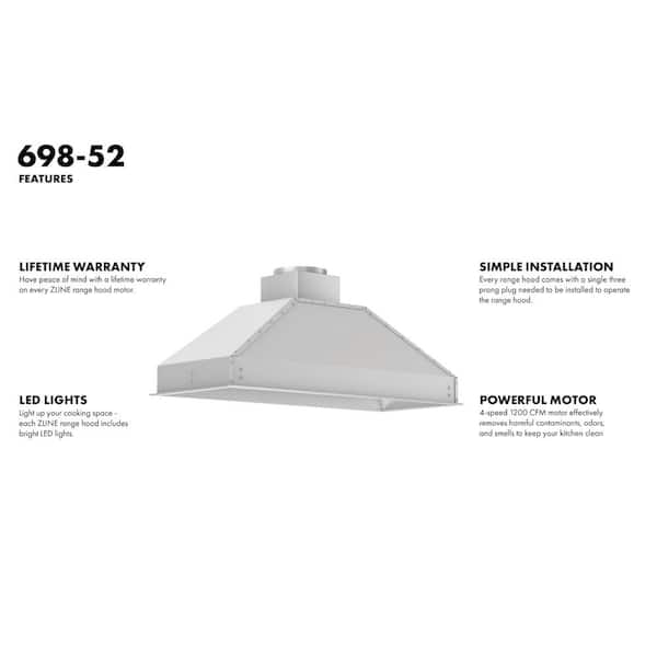 ZLINE Kitchen and Bath 52 in. 700 CFM Ducted Range Hood Insert in Stainless  Steel 698-52 - The Home Depot