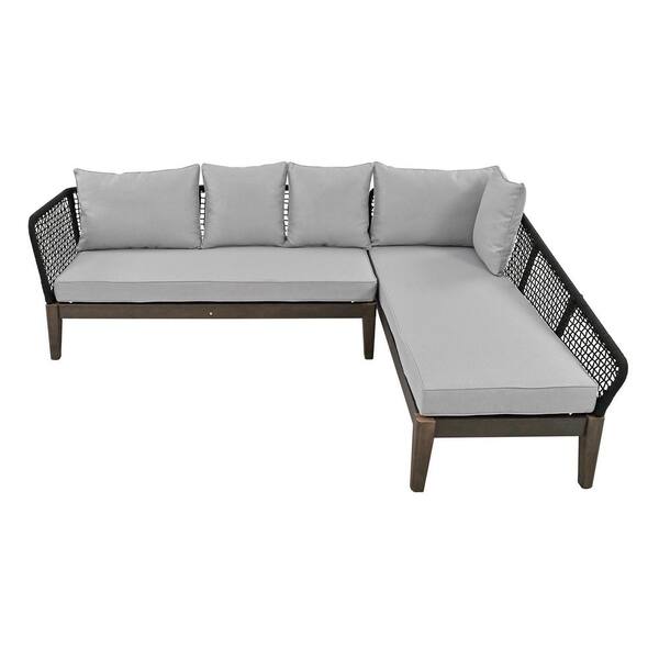 Unbranded Black 5-Person Metal and Wood Outdoor Sectional Set with Gray Cushions for Garden, Lawn, Poolside
