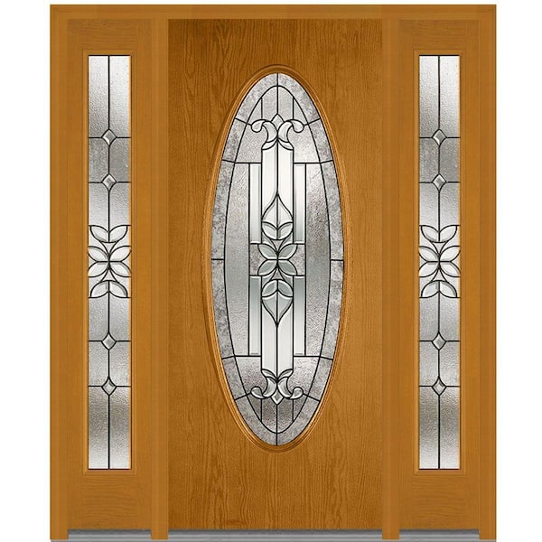 MMI Door 64 in. x 80 in. Cadence Left-Hand Inswing Oval Lite Decorative Stained Fiberglass Oak Prehung Front Door with Sidelites