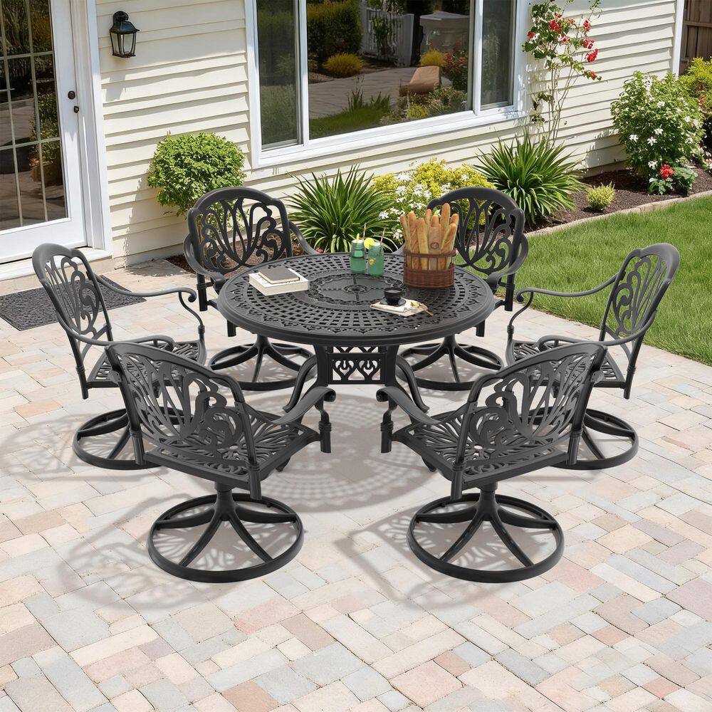 Black 7-Piece Cast Aluminum Patio Outdoor Dining Set with 6 Swivel Rockers with Brown Cushions and 47.24 in. Round Table price history on PriceWatchPro