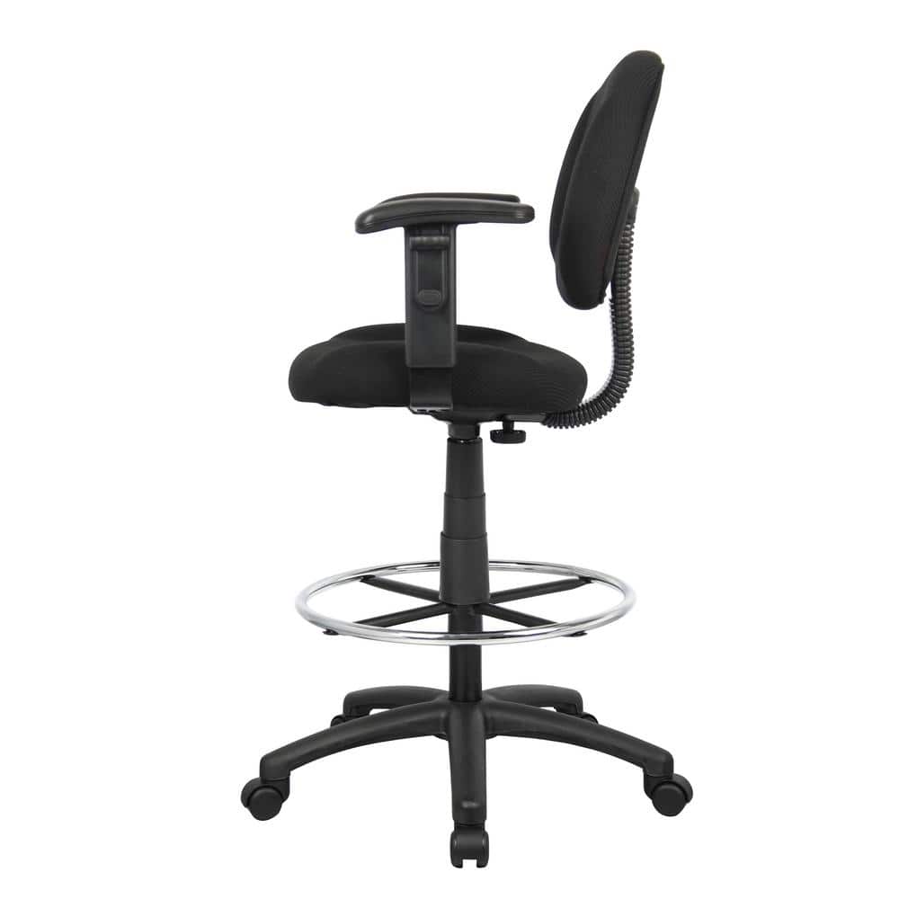 ErgoComfort Black Tweed Drafting Stool with Adjustable Arms and Chrome Footring